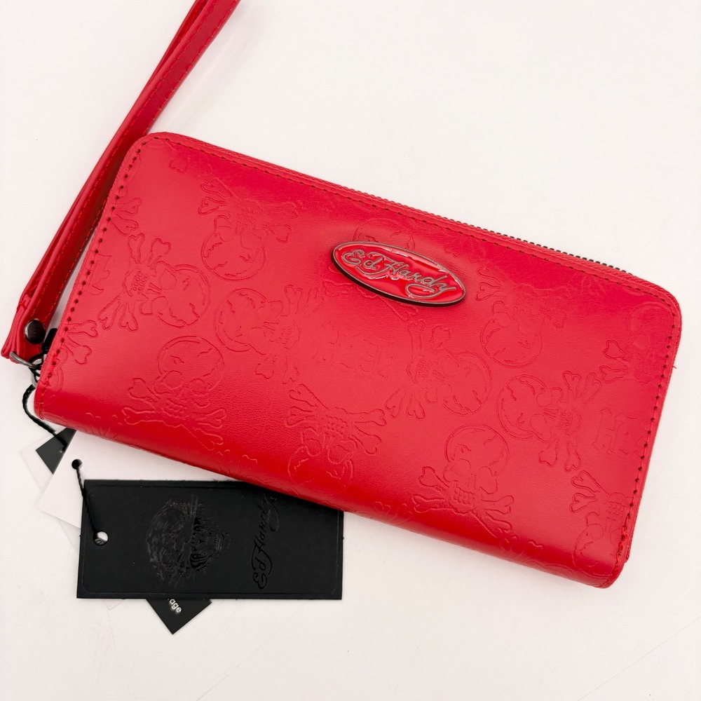 Ed Hardy Red Embossed Skull Zip Around Wristlet Wallet New with Tags